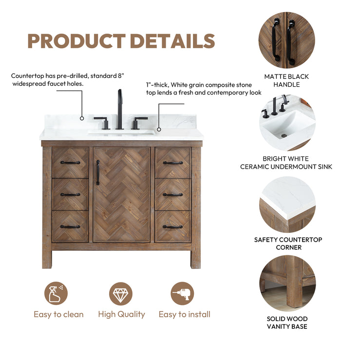 Javier 42" Free-standing Single Bath Vanity in Spruce Antique Gray with White Grain Composite Stone Top and Mirror