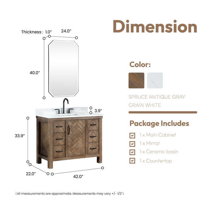 Javier 42" Free-standing Single Bath Vanity in Spruce Antique Gray with White Grain Composite Stone Top and Mirror