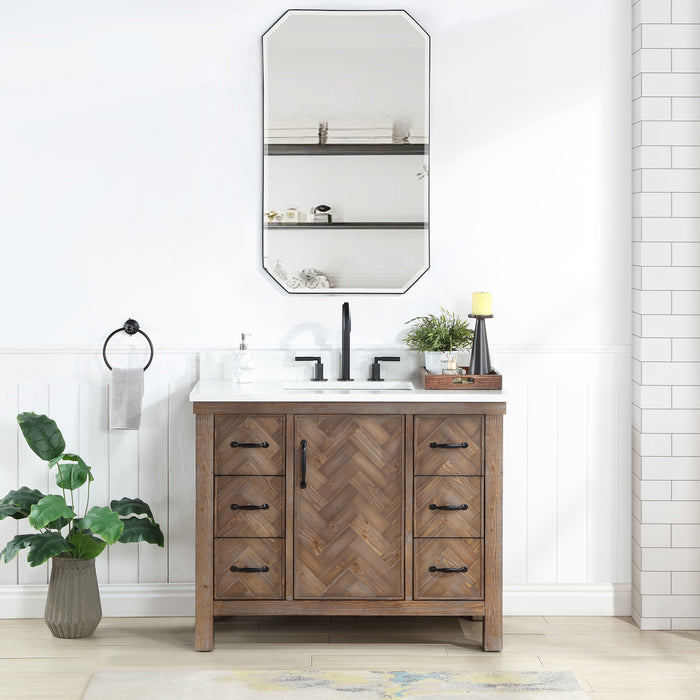 Javier 42" Free-standing Single Bath Vanity in Spruce Antique Gray with White Grain Composite Stone Top and Mirror