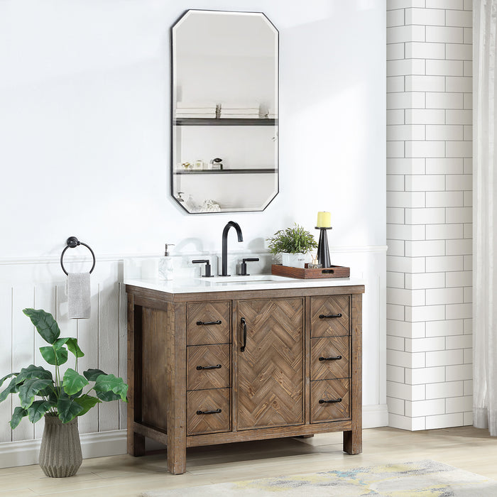 Javier 42" Free-standing Single Bath Vanity in Spruce Antique Gray with White Grain Composite Stone Top and Mirror