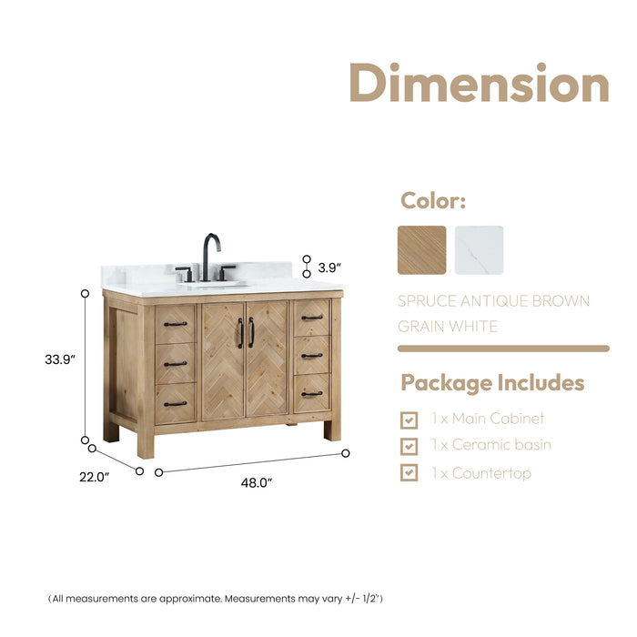 48-Inch Radiance Rustic Bathroom Vanity – Antique Brown Wood Cabinet with White Composite Top and Soft-Close Drawers