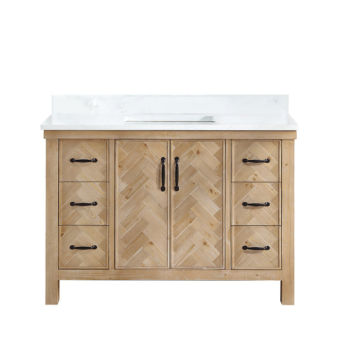 48-Inch Radiance Rustic Bathroom Vanity – Antique Brown Wood Cabinet with White Composite Top and Soft-Close Drawers