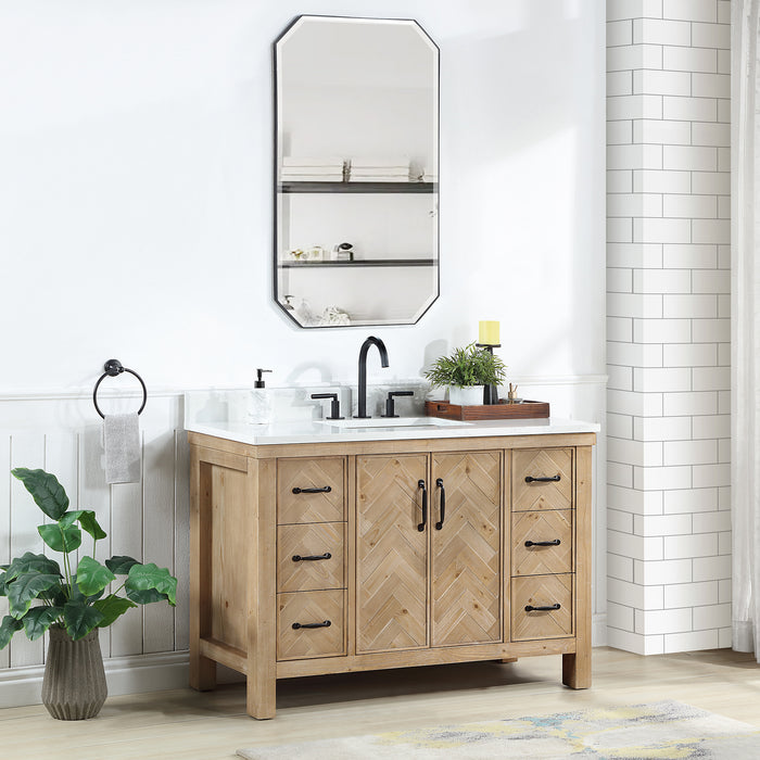 48-Inch Radiance Rustic Bathroom Vanity – Antique Brown Wood Cabinet with White Composite Top and Soft-Close Drawers