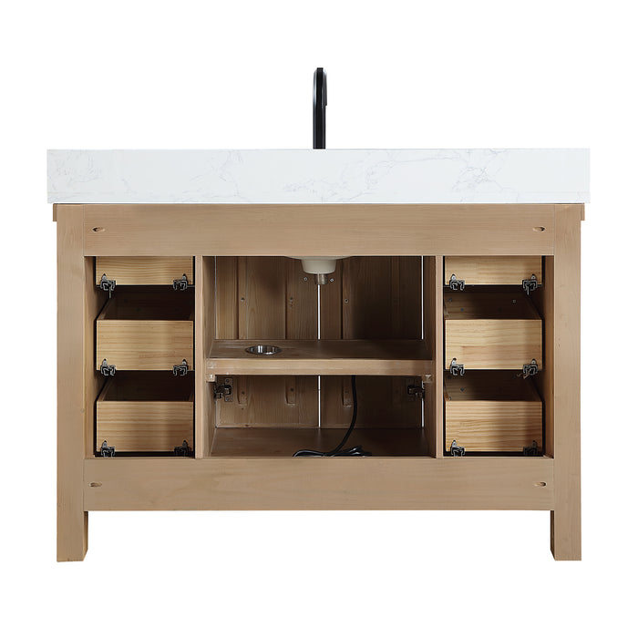 48-Inch Rapture Rustic Vanity Set – Antique Brown Spruce Wood Cabinet with White Stone Top and Matching Mirror