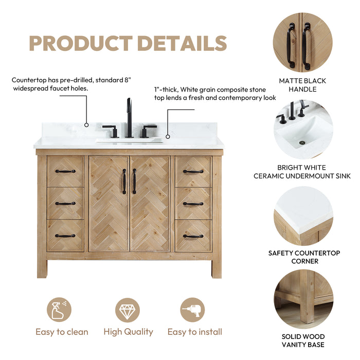 48-Inch Rapture Rustic Vanity Set – Antique Brown Spruce Wood Cabinet with White Stone Top and Matching Mirror