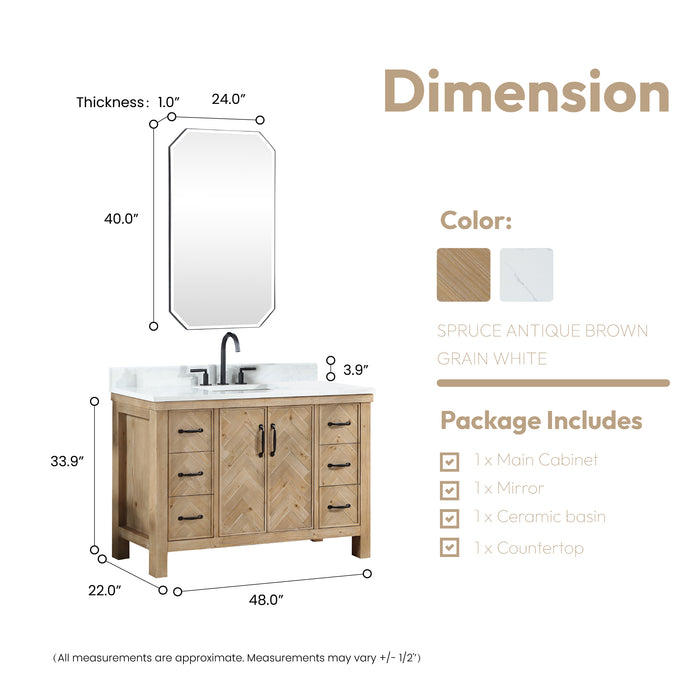48-Inch Rapture Rustic Vanity Set – Antique Brown Spruce Wood Cabinet with White Stone Top and Matching Mirror