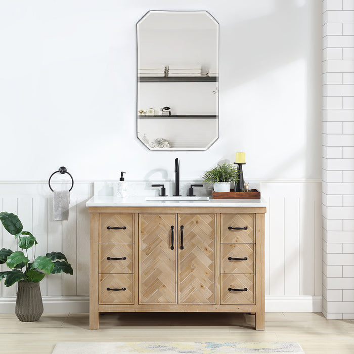 48-Inch Rapture Rustic Vanity Set – Antique Brown Spruce Wood Cabinet with White Stone Top and Matching Mirror
