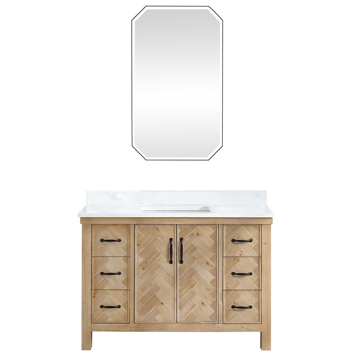 48-Inch Rapture Rustic Vanity Set – Antique Brown Spruce Wood Cabinet with White Stone Top and Matching Mirror
