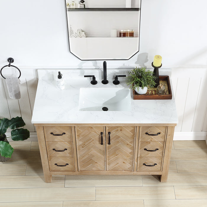 48-Inch Rapture Rustic Vanity Set – Antique Brown Spruce Wood Cabinet with White Stone Top and Matching Mirror