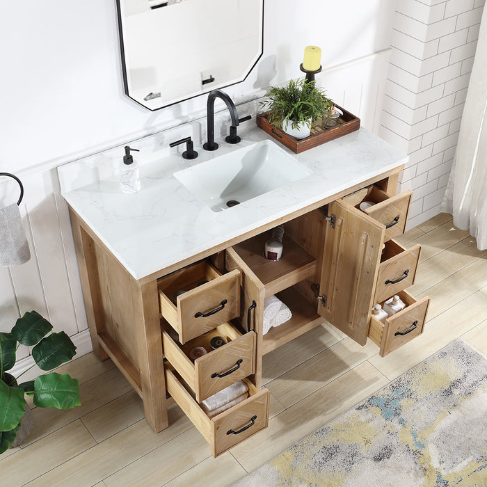 48-Inch Rapture Rustic Vanity Set – Antique Brown Spruce Wood Cabinet with White Stone Top and Matching Mirror