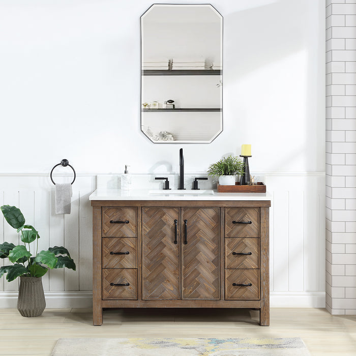 48-Inch Reverie Rustic Bathroom Vanity – Freestanding Gray Spruce Sink Cabinet with White Stone Top and Mirror