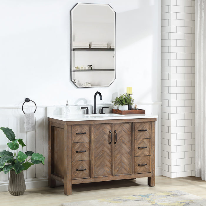 48-Inch Reverie Rustic Bathroom Vanity – Freestanding Gray Spruce Sink Cabinet with White Stone Top and Mirror