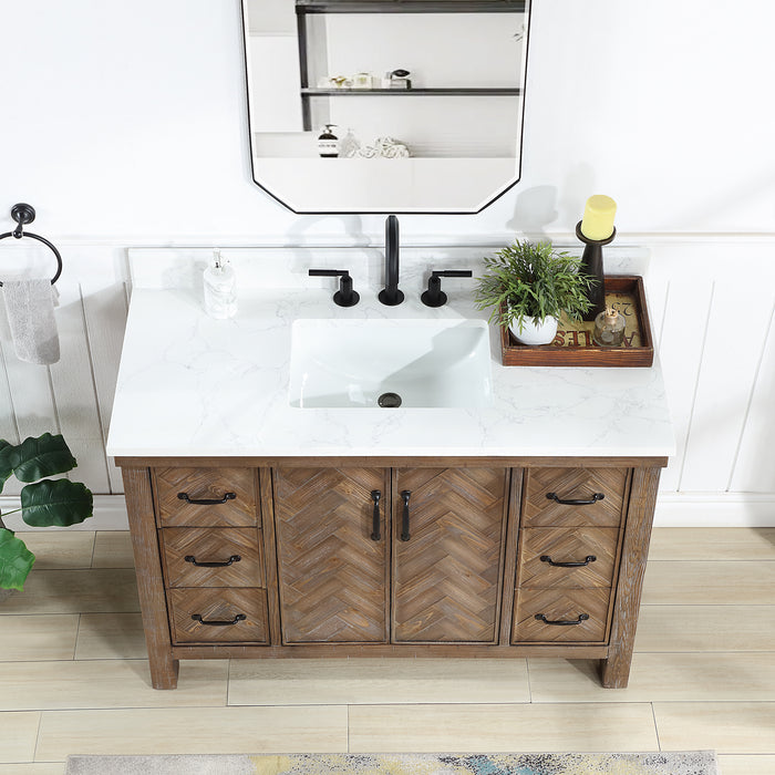 48-Inch Reverie Rustic Bathroom Vanity – Freestanding Gray Spruce Sink Cabinet with White Stone Top and Mirror