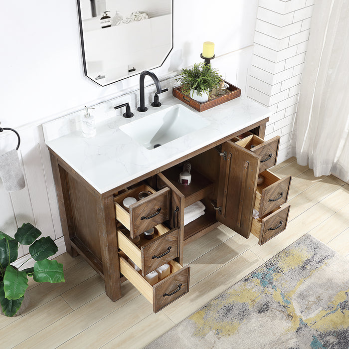 48-Inch Reverie Rustic Bathroom Vanity – Freestanding Gray Spruce Sink Cabinet with White Stone Top and Mirror