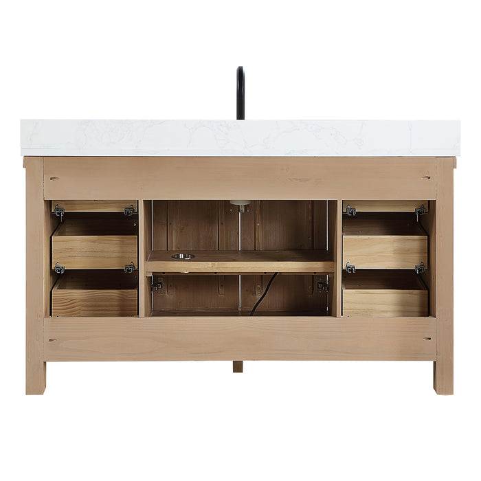 60-Inch Rhone Antique Brown Spruce Vanity – Freestanding Single Sink Cabinet with White Grain Stone Top
