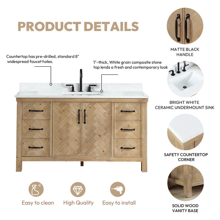 60-Inch Rhone Antique Brown Spruce Vanity – Freestanding Single Sink Cabinet with White Grain Stone Top