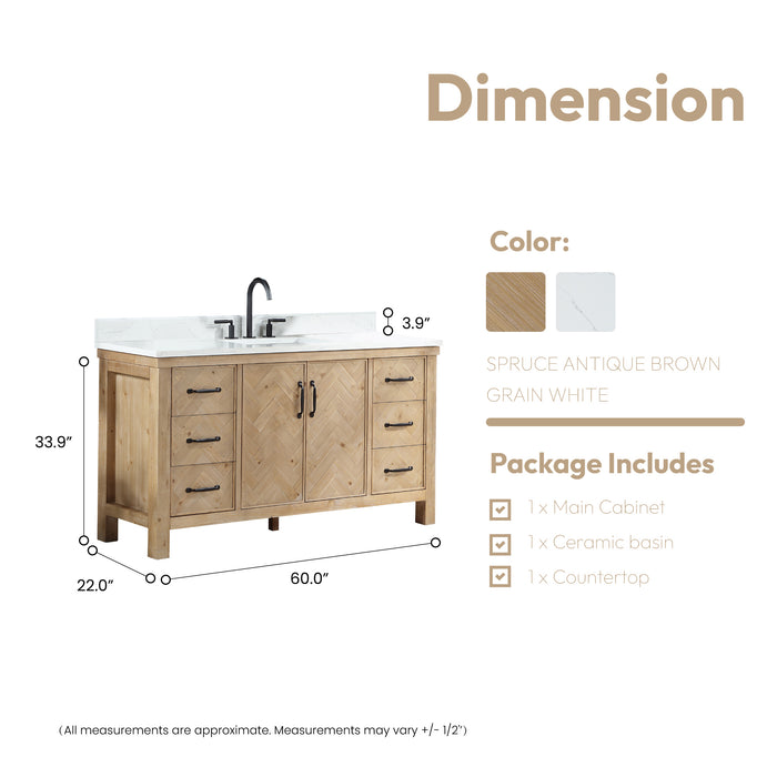 60-Inch Rhone Antique Brown Spruce Vanity – Freestanding Single Sink Cabinet with White Grain Stone Top