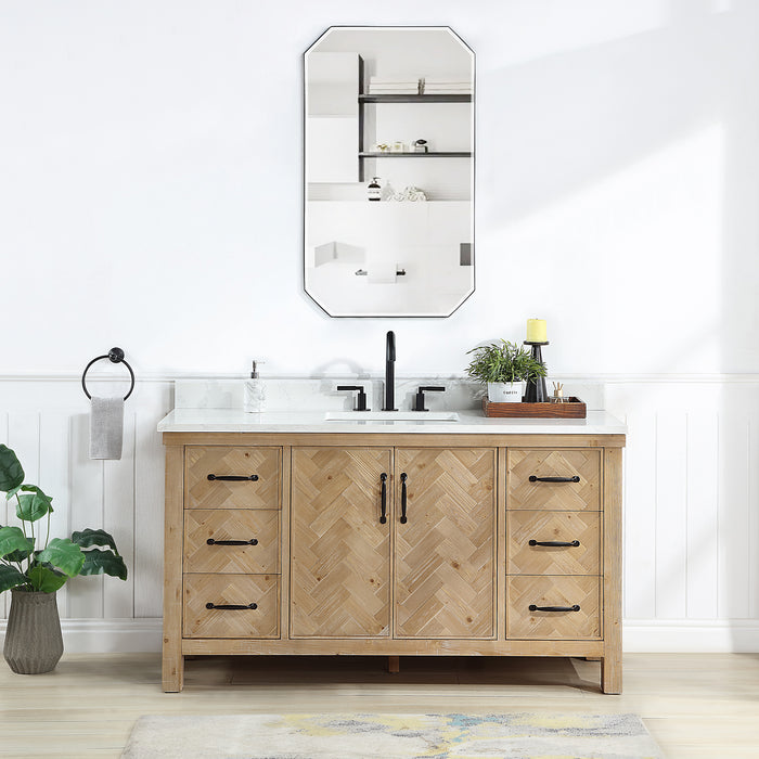 60-Inch Rhone Antique Brown Spruce Vanity – Freestanding Single Sink Cabinet with White Grain Stone Top