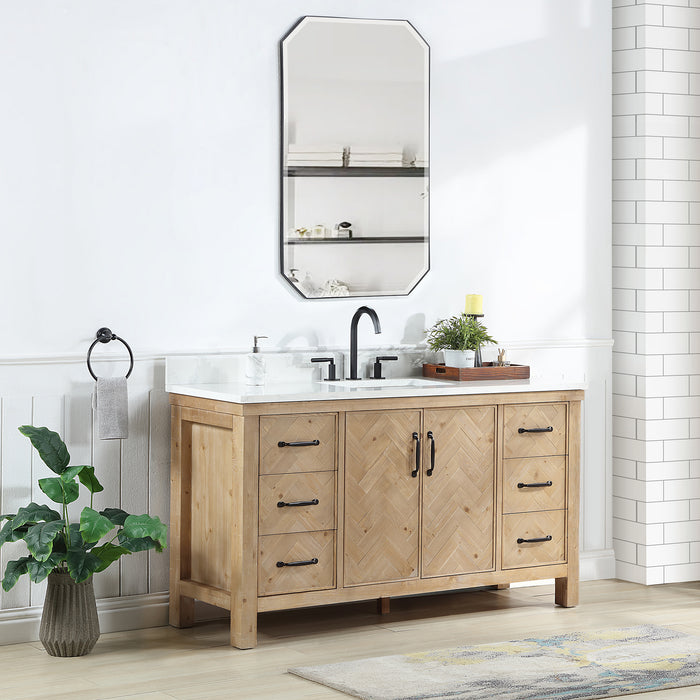 60-Inch Rhone Antique Brown Spruce Vanity – Freestanding Single Sink Cabinet with White Grain Stone Top