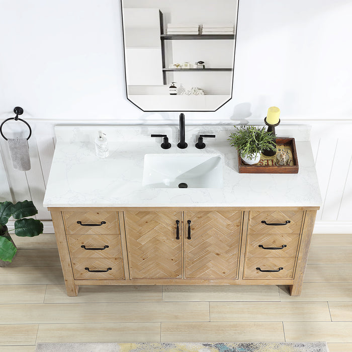 60-Inch Rhone Antique Brown Spruce Vanity – Freestanding Single Sink Cabinet with White Grain Stone Top