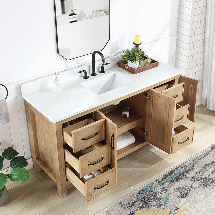 60-Inch Rhone Antique Brown Spruce Vanity – Freestanding Single Sink Cabinet with White Grain Stone Top