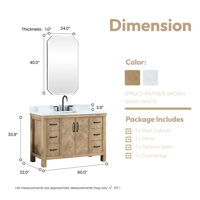 60-Inch Ridge Rustic Bathroom Vanity – Brown Spruce Vanity with Soft-Close Drawers, White Stone Top & Mirror