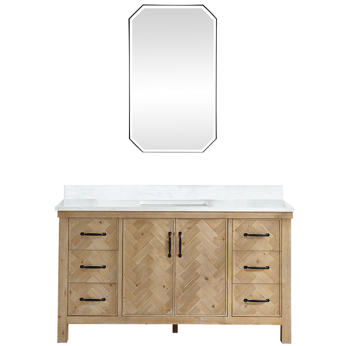 60-Inch Ridge Rustic Bathroom Vanity – Brown Spruce Vanity with Soft-Close Drawers, White Stone Top & Mirror