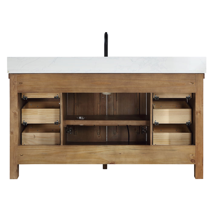 60-Inch Rowan Rustic Single Sink Vanity – Freestanding Antique Gray Wood Cabinet with White Stone Top & Mirror