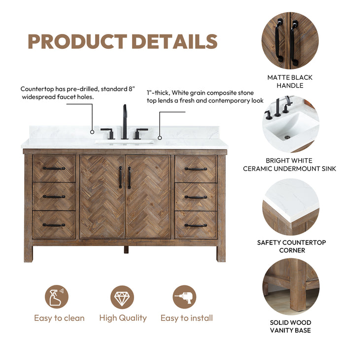 60-Inch Rowan Rustic Single Sink Vanity – Freestanding Antique Gray Wood Cabinet with White Stone Top & Mirror
