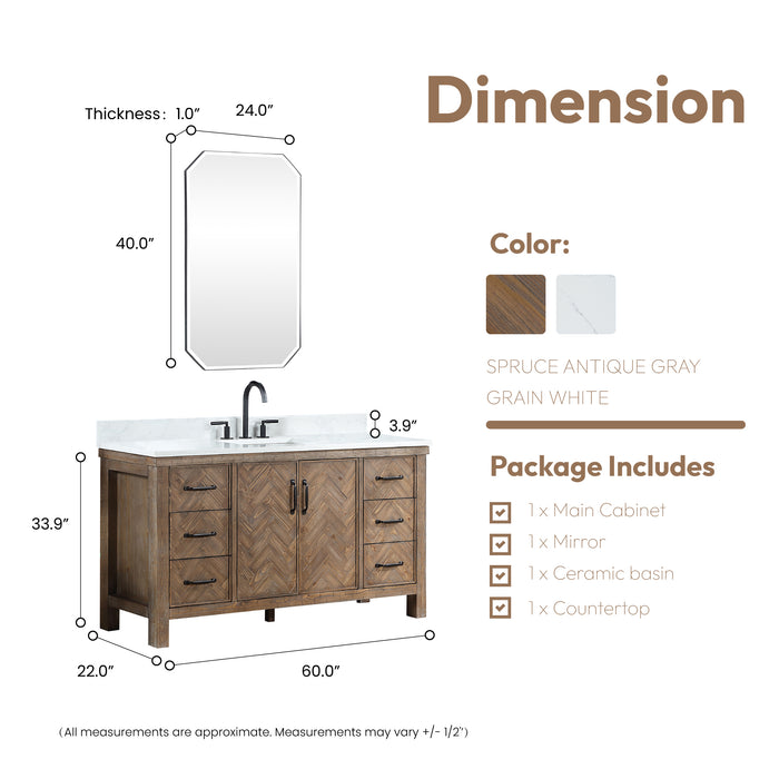 60-Inch Rowan Rustic Single Sink Vanity – Freestanding Antique Gray Wood Cabinet with White Stone Top & Mirror