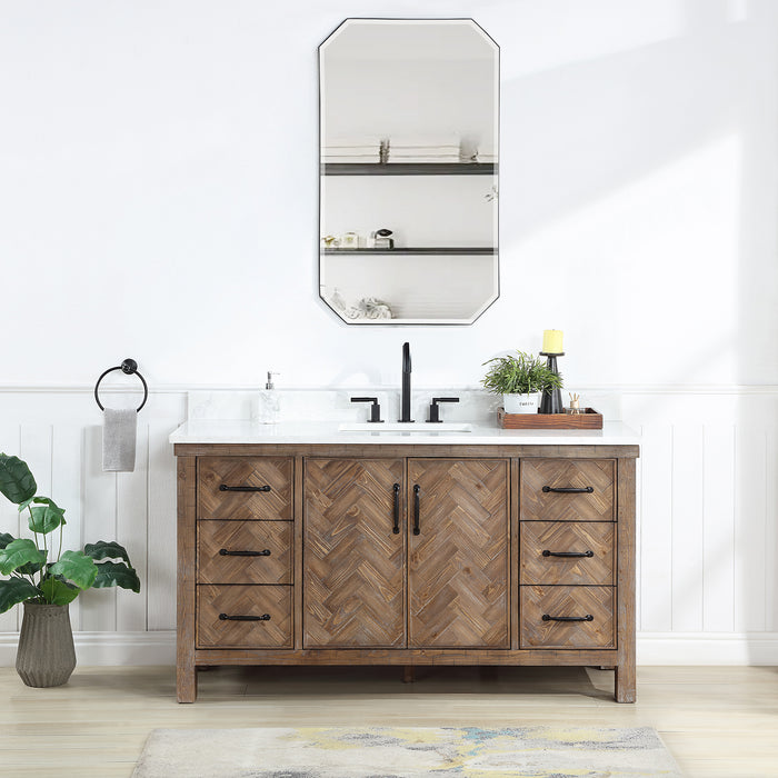 60-Inch Rowan Rustic Single Sink Vanity – Freestanding Antique Gray Wood Cabinet with White Stone Top & Mirror
