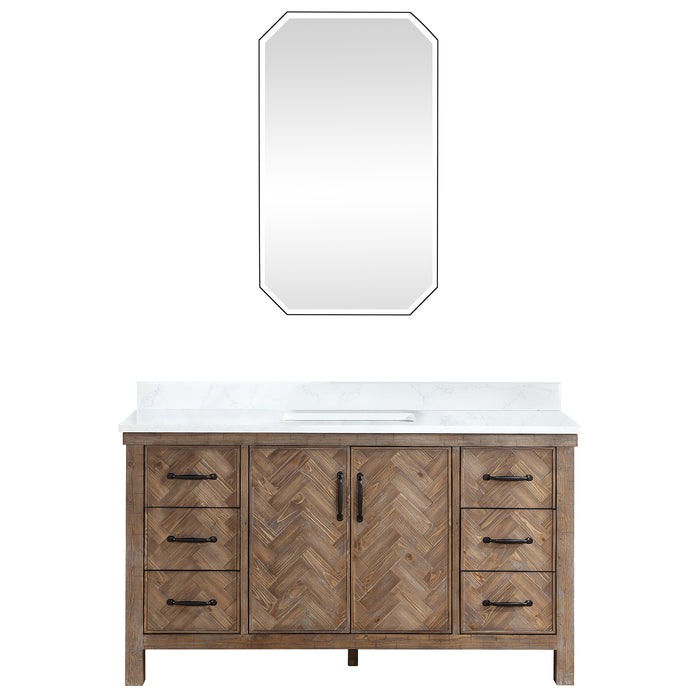 60-Inch Rowan Rustic Single Sink Vanity – Freestanding Antique Gray Wood Cabinet with White Stone Top & Mirror