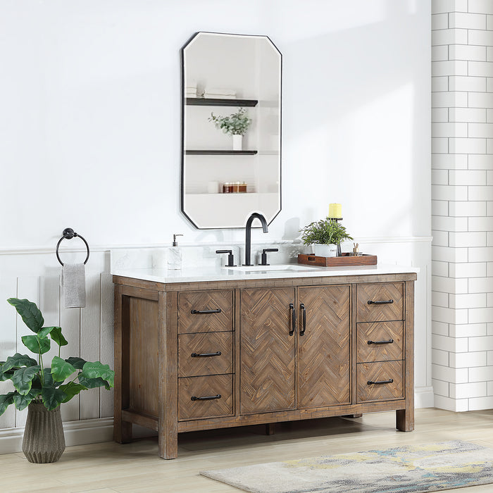 60-Inch Rowan Rustic Single Sink Vanity – Freestanding Antique Gray Wood Cabinet with White Stone Top & Mirror