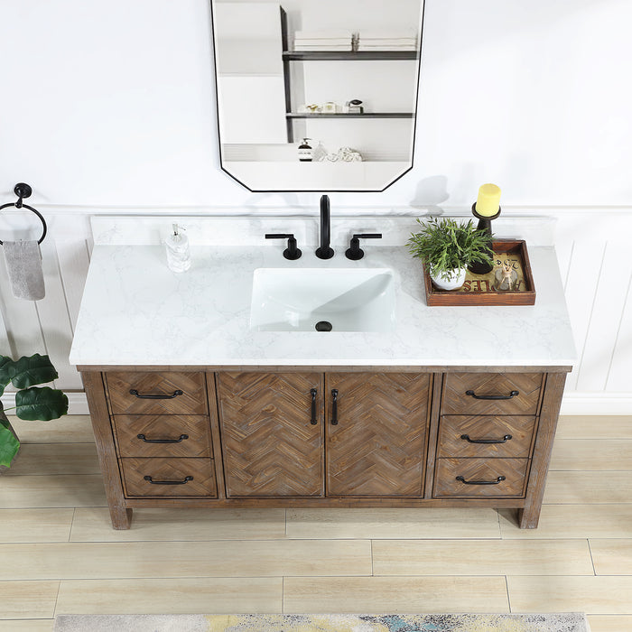 60-Inch Rowan Rustic Single Sink Vanity – Freestanding Antique Gray Wood Cabinet with White Stone Top & Mirror