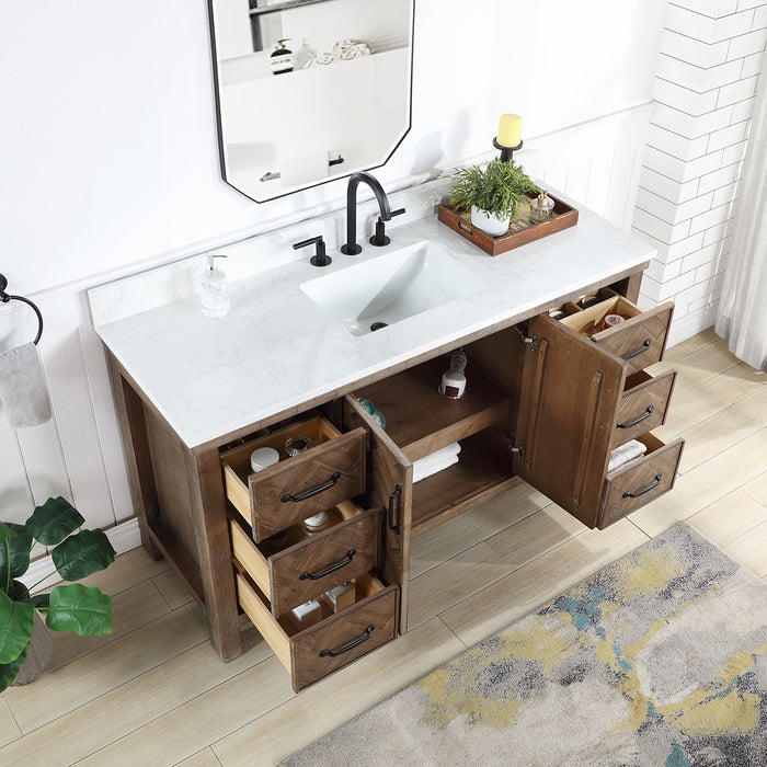60-Inch Rowan Rustic Single Sink Vanity – Freestanding Antique Gray Wood Cabinet with White Stone Top & Mirror