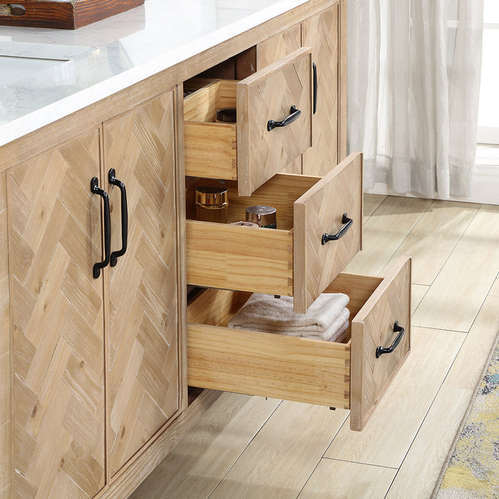 72-Inch Rubato Rustic Bathroom Vanity – Antique Brown Double Sink Cabinet with White Stone Surface & Ample Storage