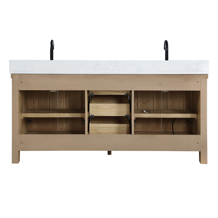 72-Inch Rubato Rustic Bathroom Vanity – Antique Brown Double Sink Cabinet with White Stone Surface & Ample Storage