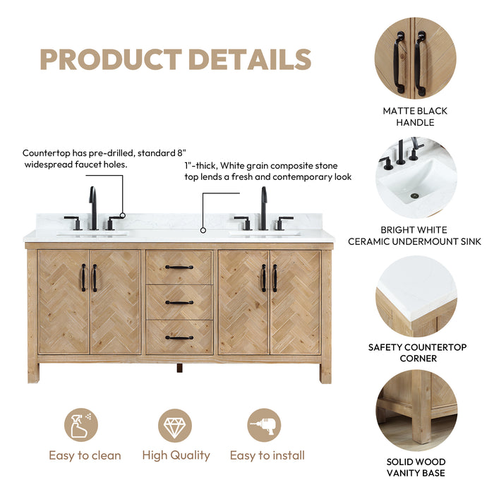 72-Inch Rubato Rustic Bathroom Vanity – Antique Brown Double Sink Cabinet with White Stone Surface & Ample Storage