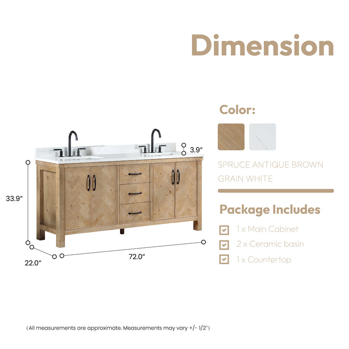 72-Inch Rubato Rustic Bathroom Vanity – Antique Brown Double Sink Cabinet with White Stone Surface & Ample Storage