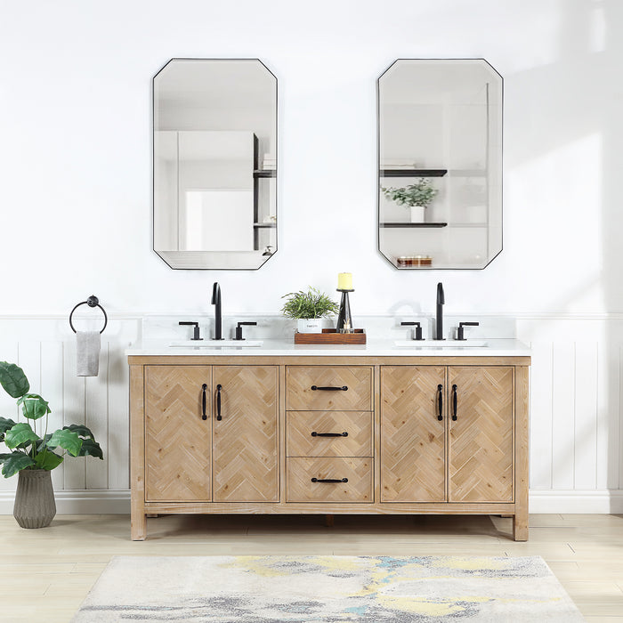 72-Inch Rubato Rustic Bathroom Vanity – Antique Brown Double Sink Cabinet with White Stone Surface & Ample Storage