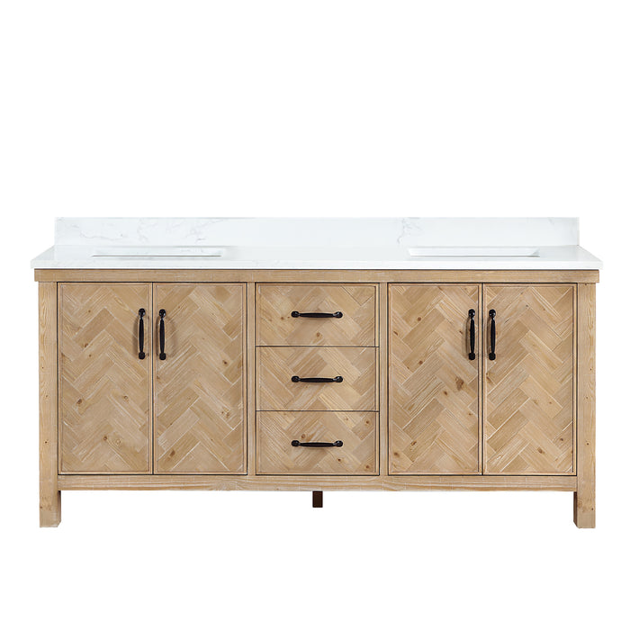 72-Inch Rubato Rustic Bathroom Vanity – Antique Brown Double Sink Cabinet with White Stone Surface & Ample Storage