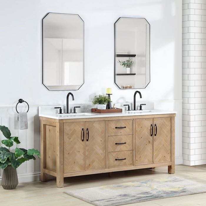 72-Inch Rubato Rustic Bathroom Vanity – Antique Brown Double Sink Cabinet with White Stone Surface & Ample Storage