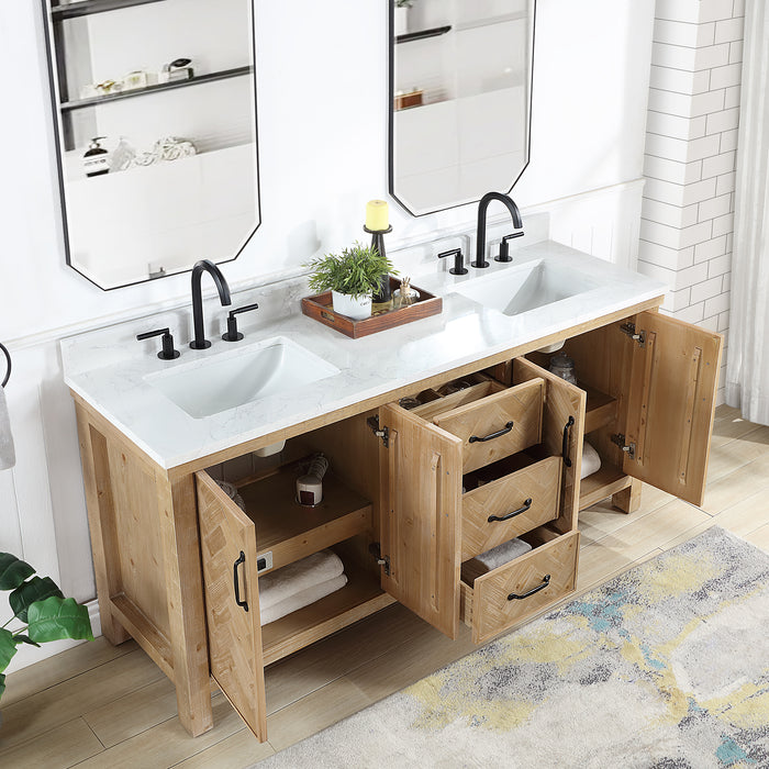 72-Inch Rubato Rustic Bathroom Vanity – Antique Brown Double Sink Cabinet with White Stone Surface & Ample Storage