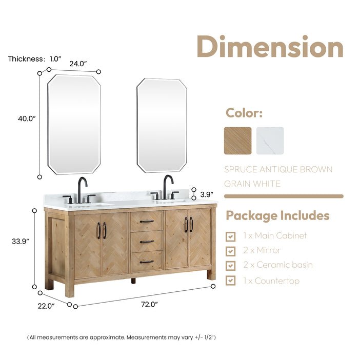 72-Inch Ruscus Rustic Double Sink Vanity – Freestanding Antique Spruce Cabinet with White Grain Stone Top and Mirror