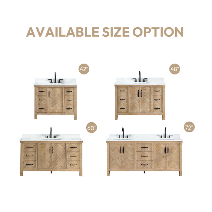 72-Inch Ruscus Rustic Double Sink Vanity – Freestanding Antique Spruce Cabinet with White Grain Stone Top and Mirror