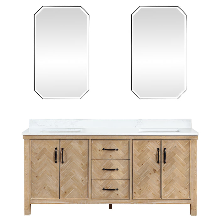 72-Inch Ruscus Rustic Double Sink Vanity – Freestanding Antique Spruce Cabinet with White Grain Stone Top and Mirror