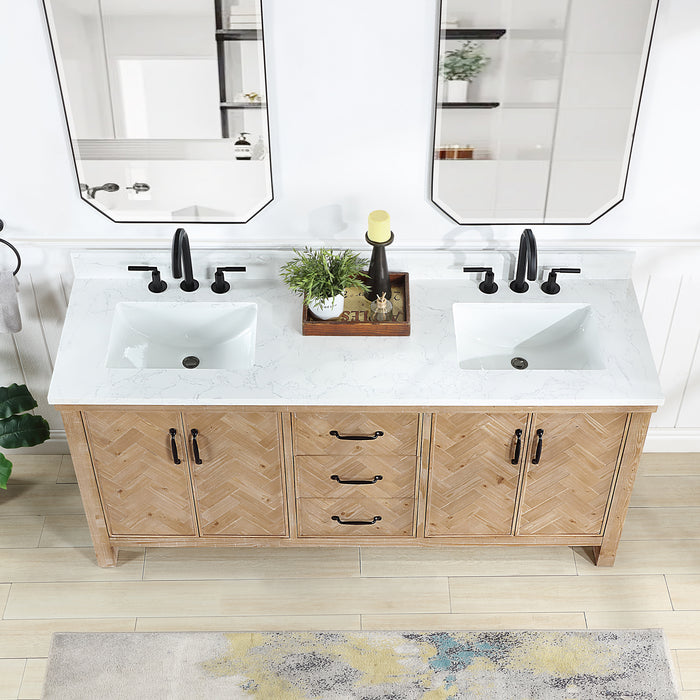 72-Inch Ruscus Rustic Double Sink Vanity – Freestanding Antique Spruce Cabinet with White Grain Stone Top and Mirror