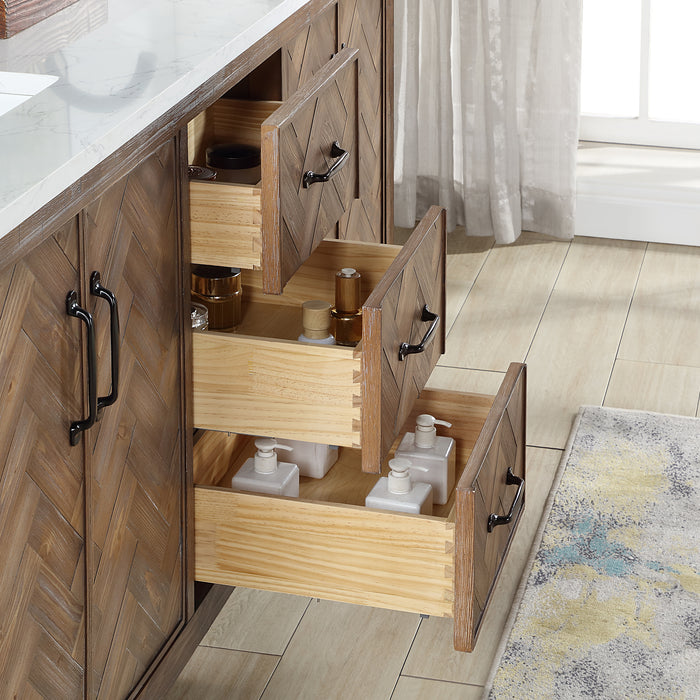 72-Inch Sable Rustic Double Bathroom Vanity – Spruce Gray Cabinet with White Stone Surface and Ample Storage