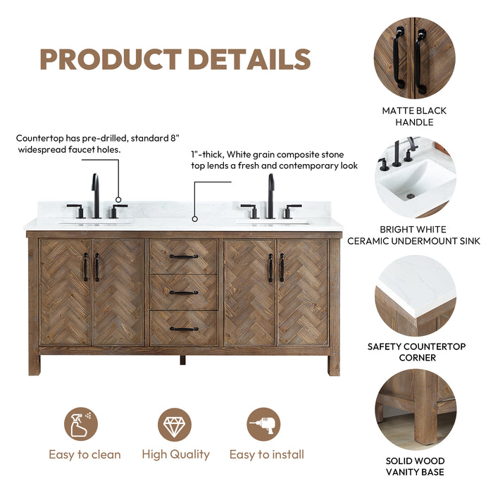 72-Inch Sable Rustic Double Bathroom Vanity – Spruce Gray Cabinet with White Stone Surface and Ample Storage
