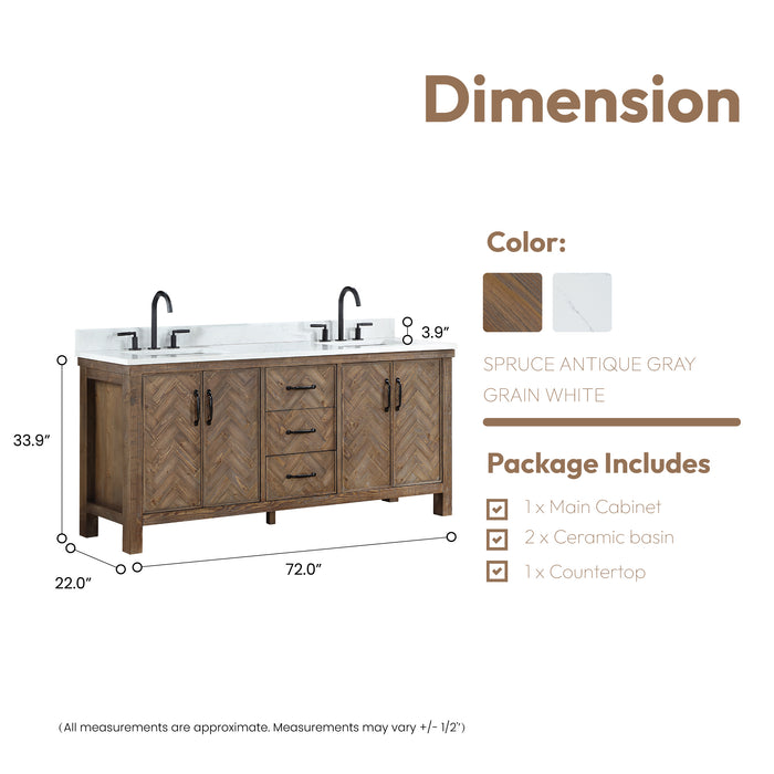 72-Inch Sable Rustic Double Bathroom Vanity – Spruce Gray Cabinet with White Stone Surface and Ample Storage
